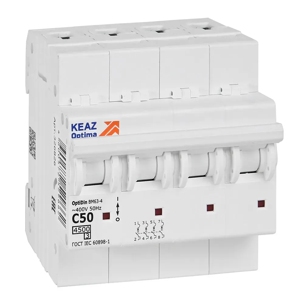 Выключатель автоматический четырехполюсный 50а c 4,5ка ac optidin bm63-4c50-4,5-ухл3 КЭАЗ 326826