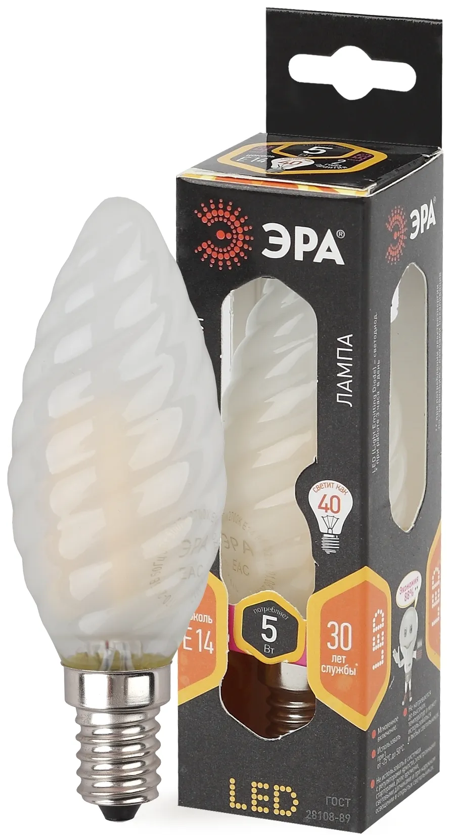 Лампа светодиодная филаментная f-led btw-5w-827-e14 frost (филамент, свеча витая мат., 5вт, тепл, e14 (10/100/2800) ЭРА Б0027937