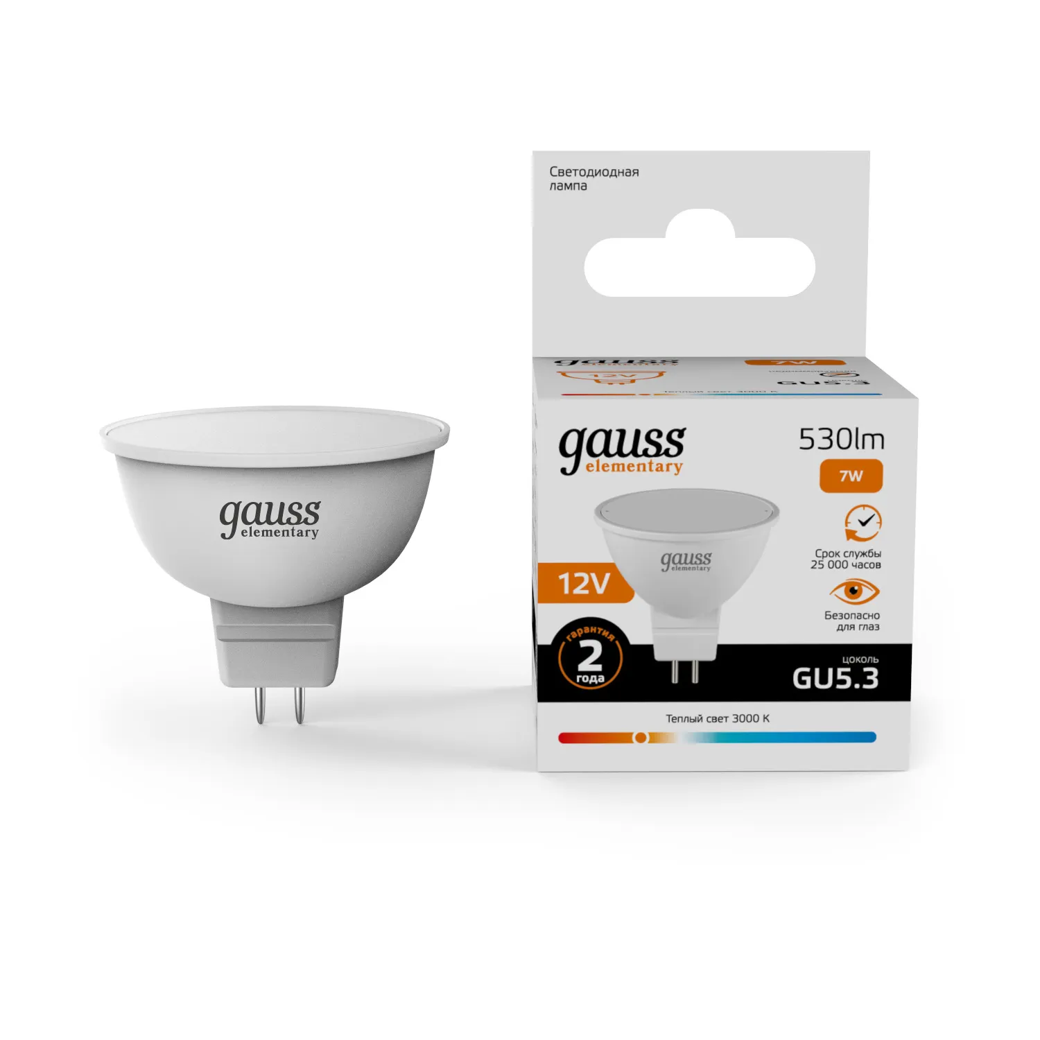 Лампа светодиодная LED 7 Вт 530 лм 3000К DC12В GU5.3 софит MR16 теплая Низковольтная Elementary Gauss 11517