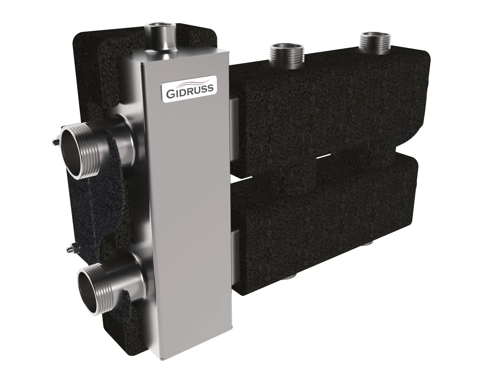 Коллектор с гидрострелкой BMSS-80-3DU.EPP на 2 контура G 1', 1 боковой контур G 1 1/4' с термоизоляцией, зеркально-матовая полировка, до 80 кВт, нерж сталь Gidruss BM 80A1T 23