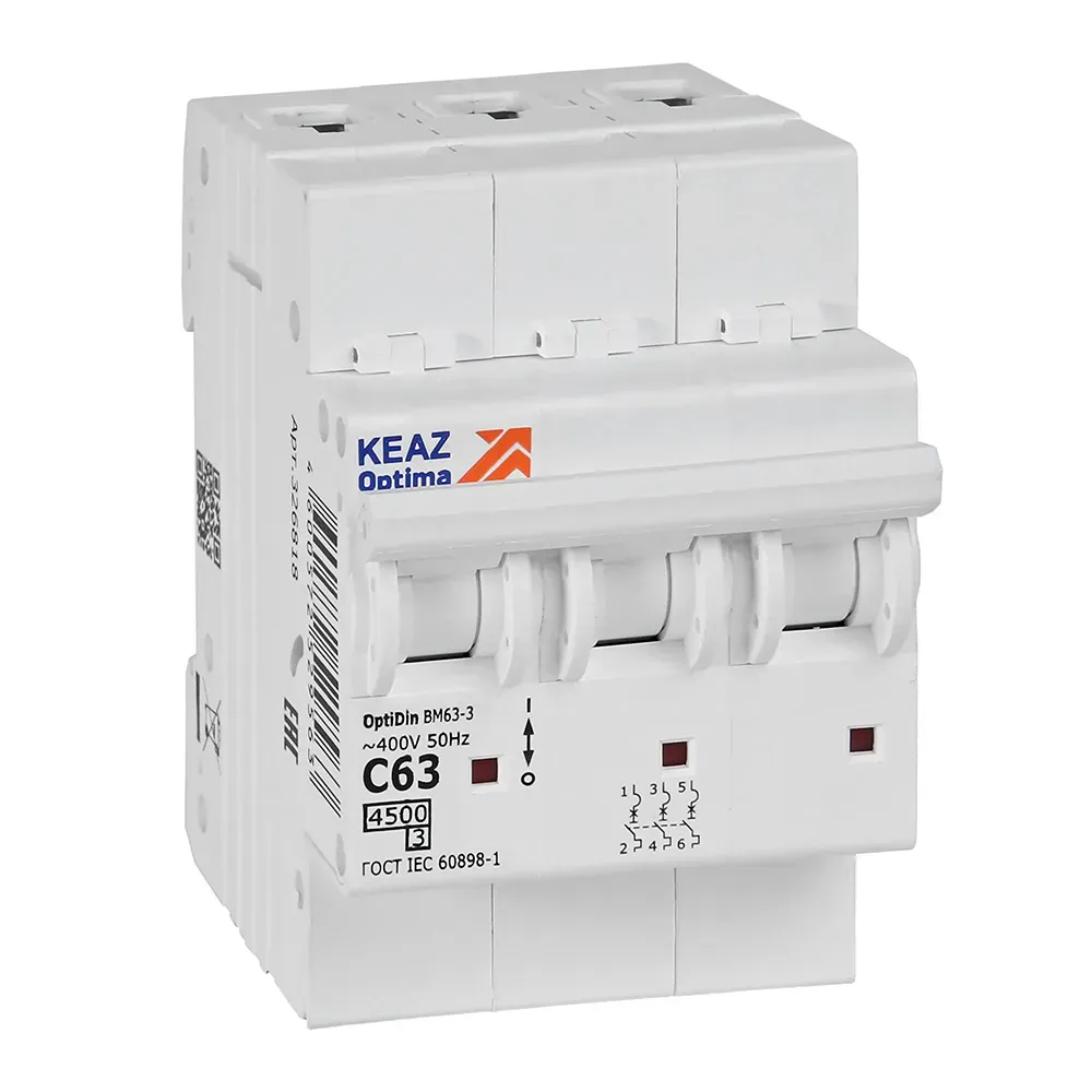 Выключатель автоматический трехполюсный 63а c 4,5ка ac optidin bm63-3c63-4,5-ухл3 КЭАЗ 326818