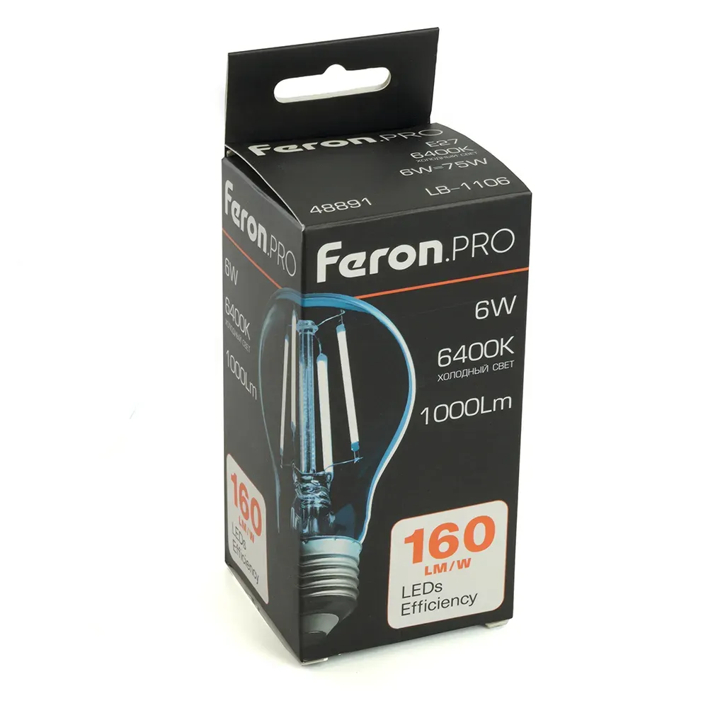 Лампа светодиодная LED 6вт Е27 дневной FILAMENT Feron.PRO