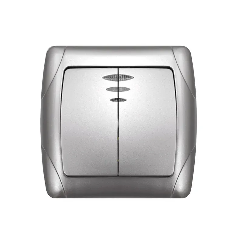 Маргарита выключатель двухклавишный с подсветкой  с/у, 10А, 220В, серебро (еврослот) Универсал М0123-S