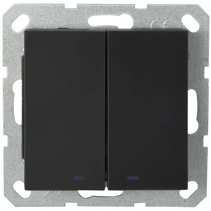 Выключатель двухклавишный со светодиодами 10A 250V~ с накладкой, цвет черный матовый (soft touch) Jasmart G3023NPB