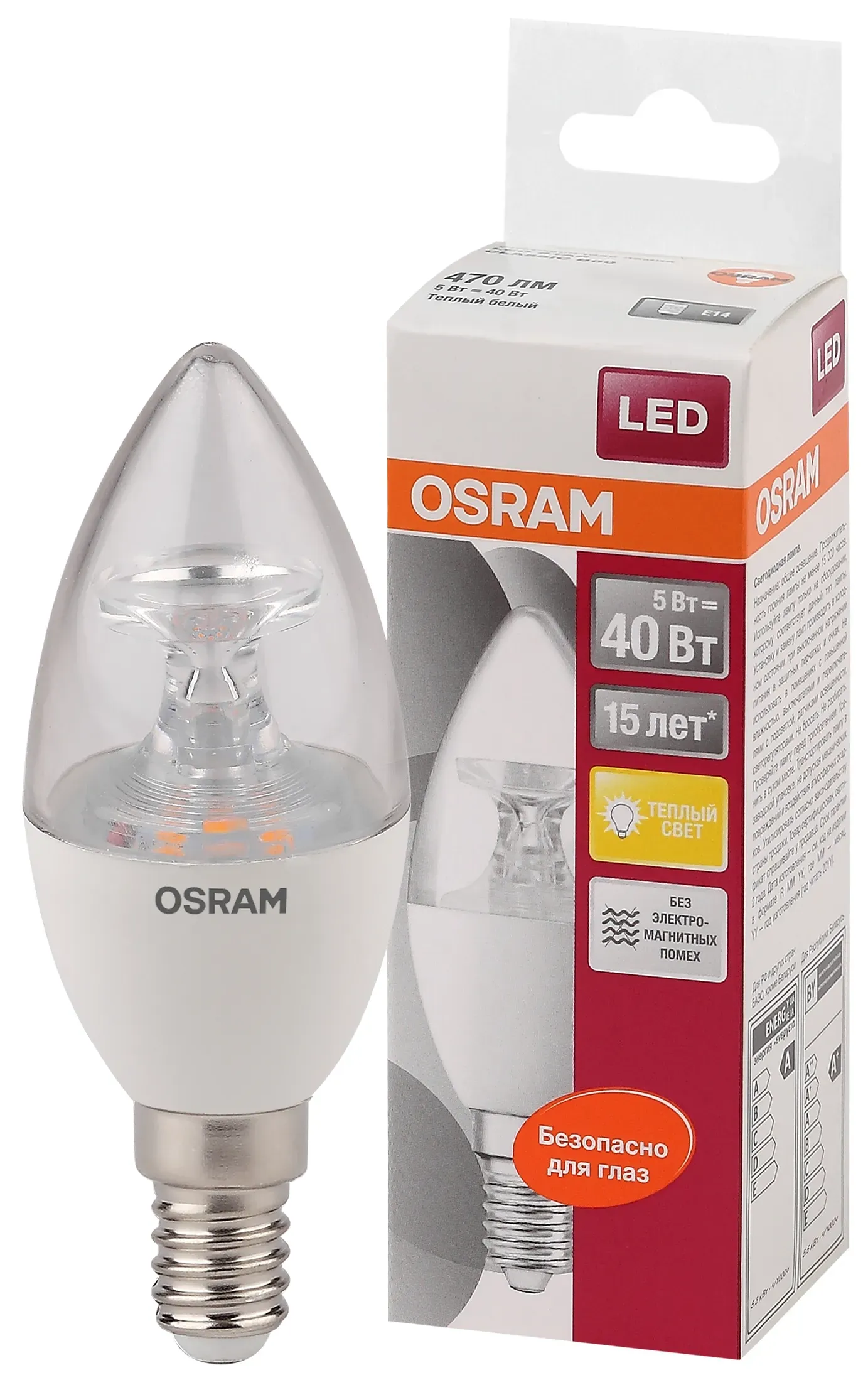 Лампа светодиодная led 5.0вт e14 ls clb40 тепло-белый прозрачная свеча osram LEDVANCE 4058075318120