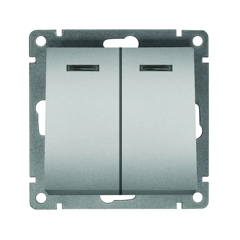 Выключатель двухклавишный с подсветкой серия Афина , с/у, 10А, 220В, серебро (еврослот) Универсал A0123-S