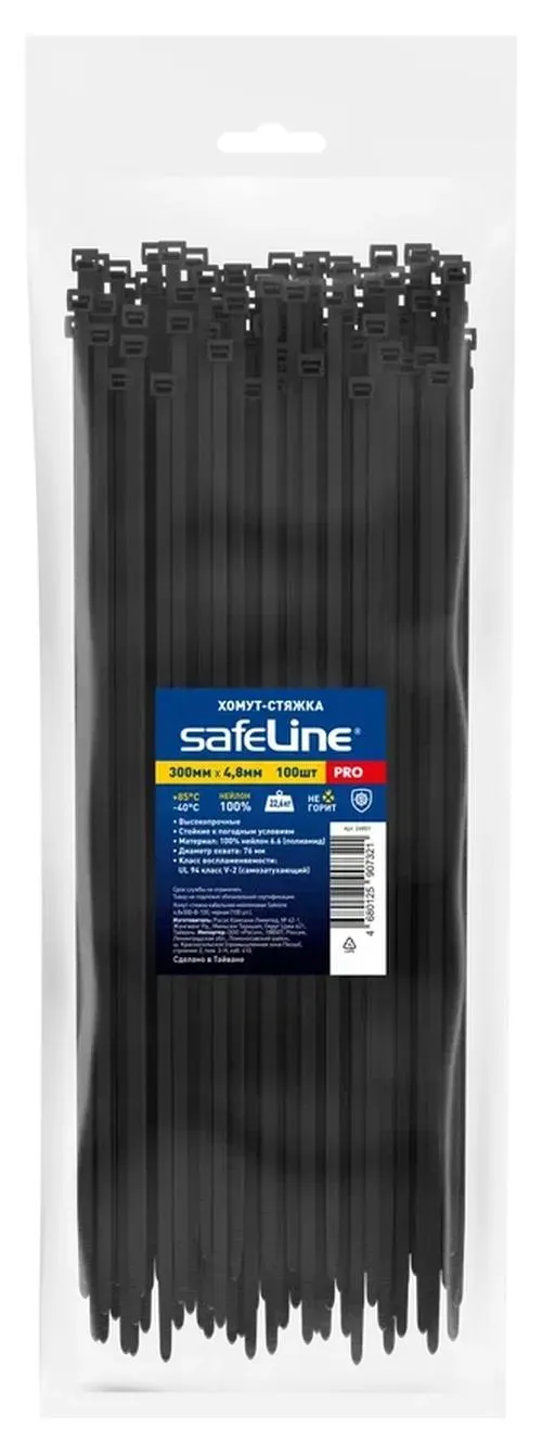 Хомут-стяжка кабельная нейлоновая safeline 4,8x300-b-100, черная (100 шт.) SAFELINE 24851
