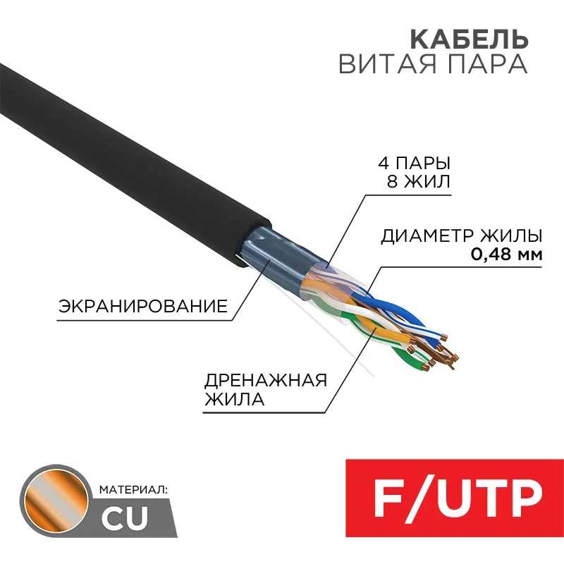 Витая пара  F/UTP CAT 5e PE 4PR 24AWG OUTDOOR SOLID черный 305м серия LIGHT