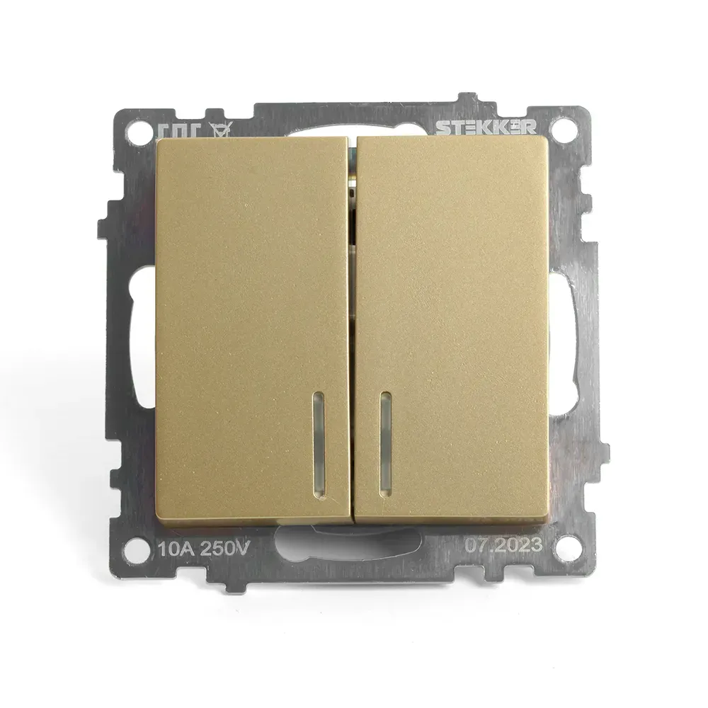 Выключатель двухклавишный c индикатором (механизм) серия Катрин золото STEKKER FERON 49217