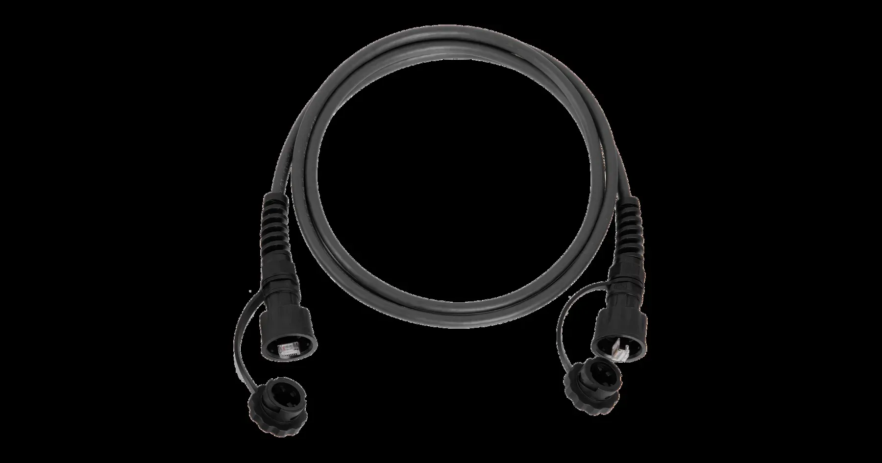 Патч-корд промышленный U/UTP 4 пары, Кат.6 2хRJ45/8P8C, T568B, 24AWG (7х0,195мм), IP67 с защитной крышкой, PUR, черный, 5м