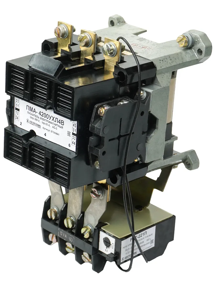 Пускатель электромагнитный ПМА-4200 УХЛ4 В, 110В, 2з+2р, 63А, нереверсивный, с реле РТТ-221П 53,5-63,0А, IP00 Электротехник ET055841