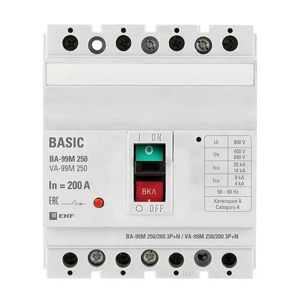 Выключатель автоматический ва-99м 250/200а 3p+n 25ка basic EKF MCCB99-250-200M-4P