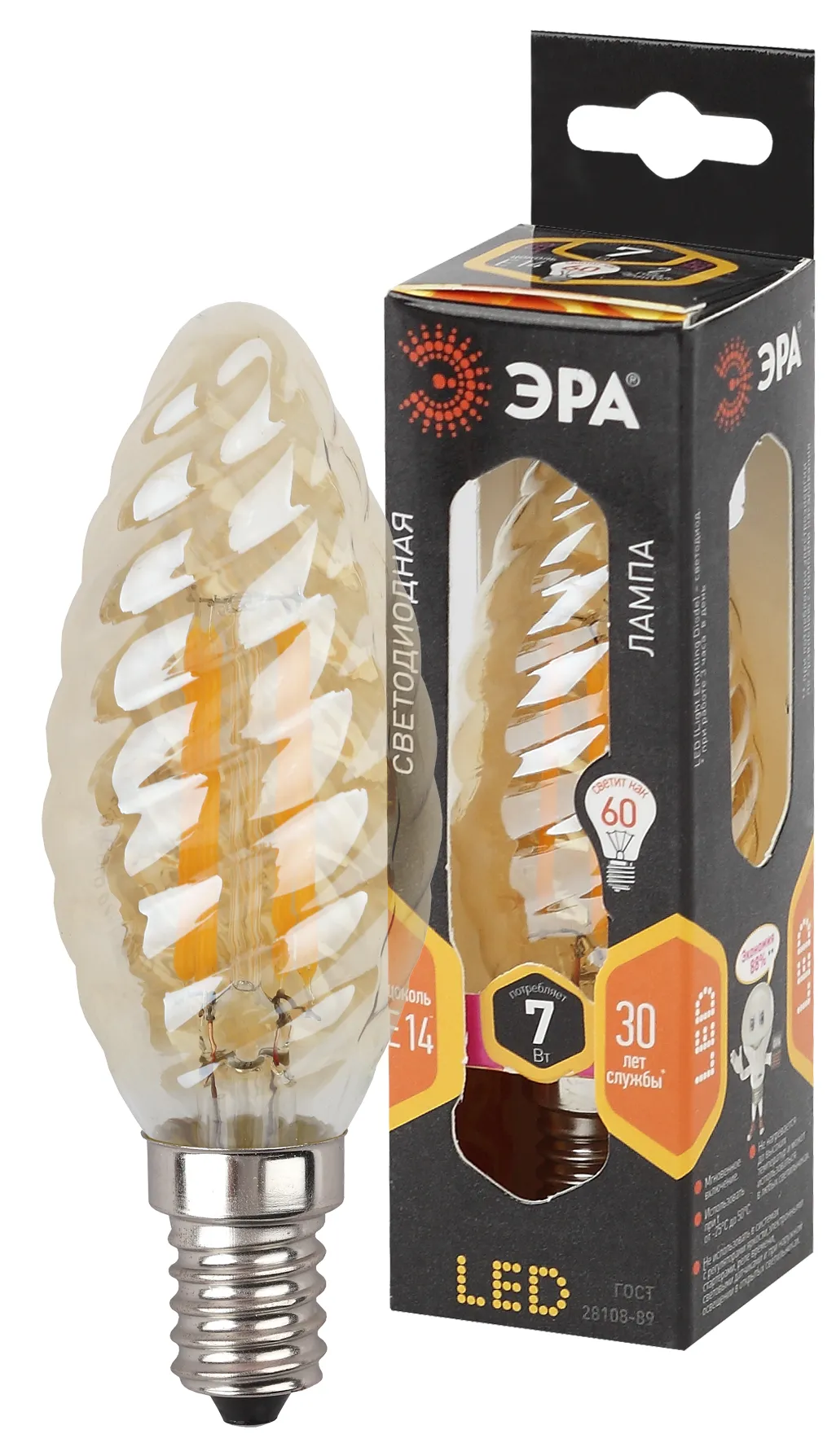 Лампа светодиодная филаментная f-led btw-7w-827-e14 gold (филамент, свеча витая золот., 7вт, тепл, e14 (10/100/2800) ЭРА Б0027966