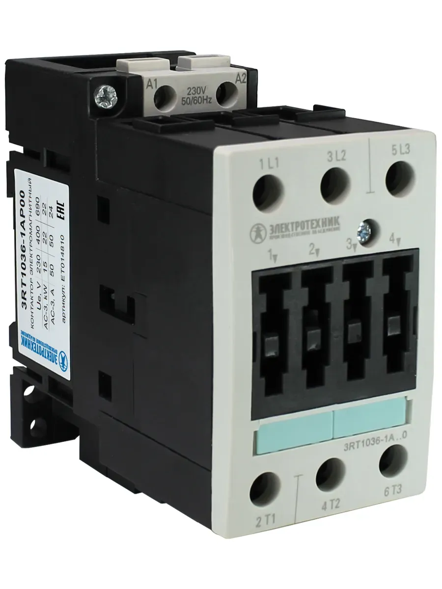 Контактор электромагнитный 3RT1036-1AP00, 3-пол., 50A, AC-3, 22кВт/400V, 230V AC, 50Гц, типоразмер S2, винтовые клеммы, IP20 Электротехник ET014810
