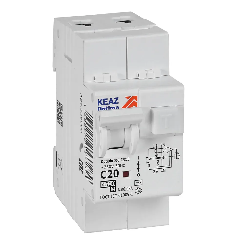 Выключатель автоматический дифференциального тока авдт с защитой от сверхтоков 2п 20а 30ма ac 4,5ка optidin d63-22c20-ac-у3 КЭАЗ 328099