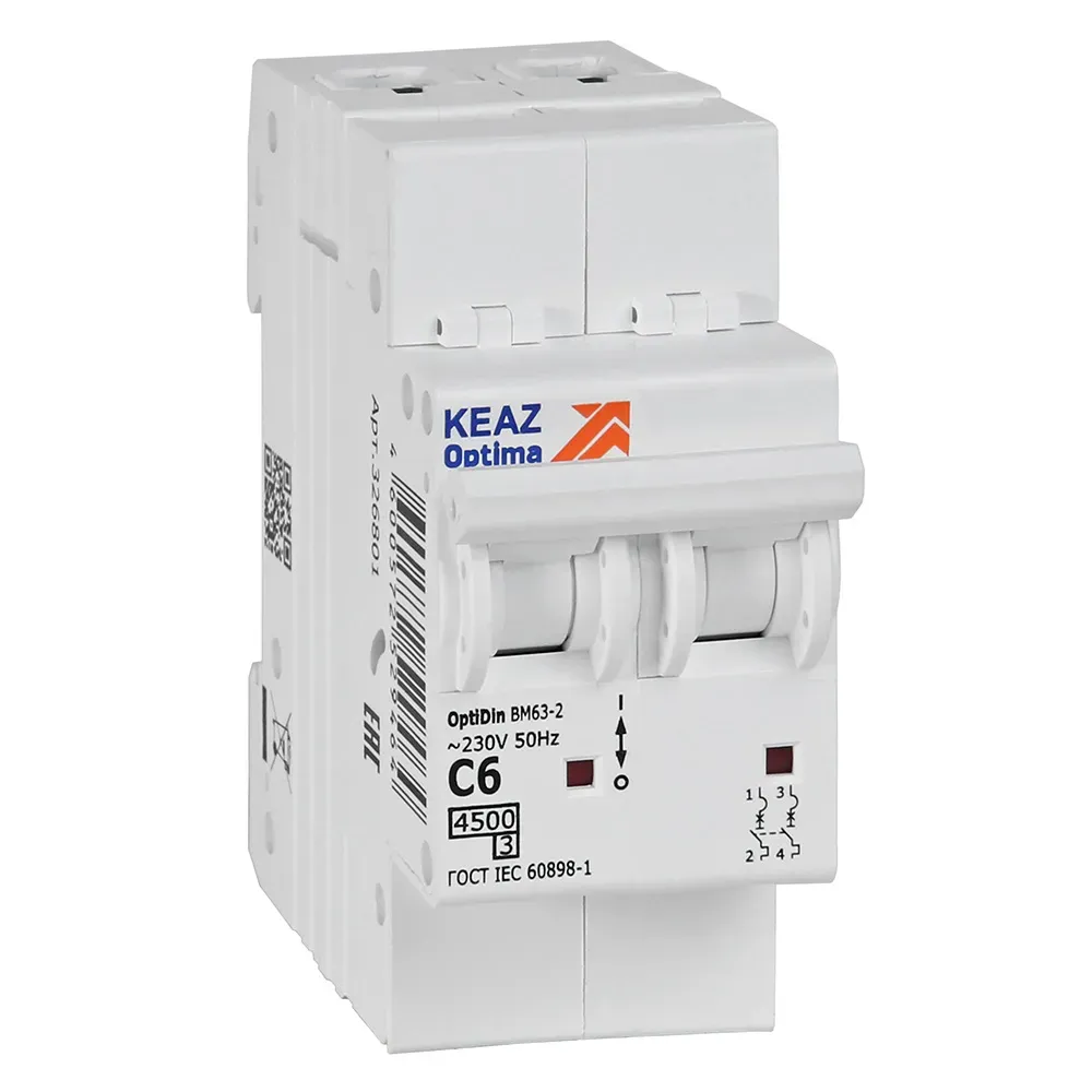 Выключатель автоматический двухполюсный 6а c 4,5ка ac optidin bm63-2c6-4,5-ухл3 КЭАЗ 326801
