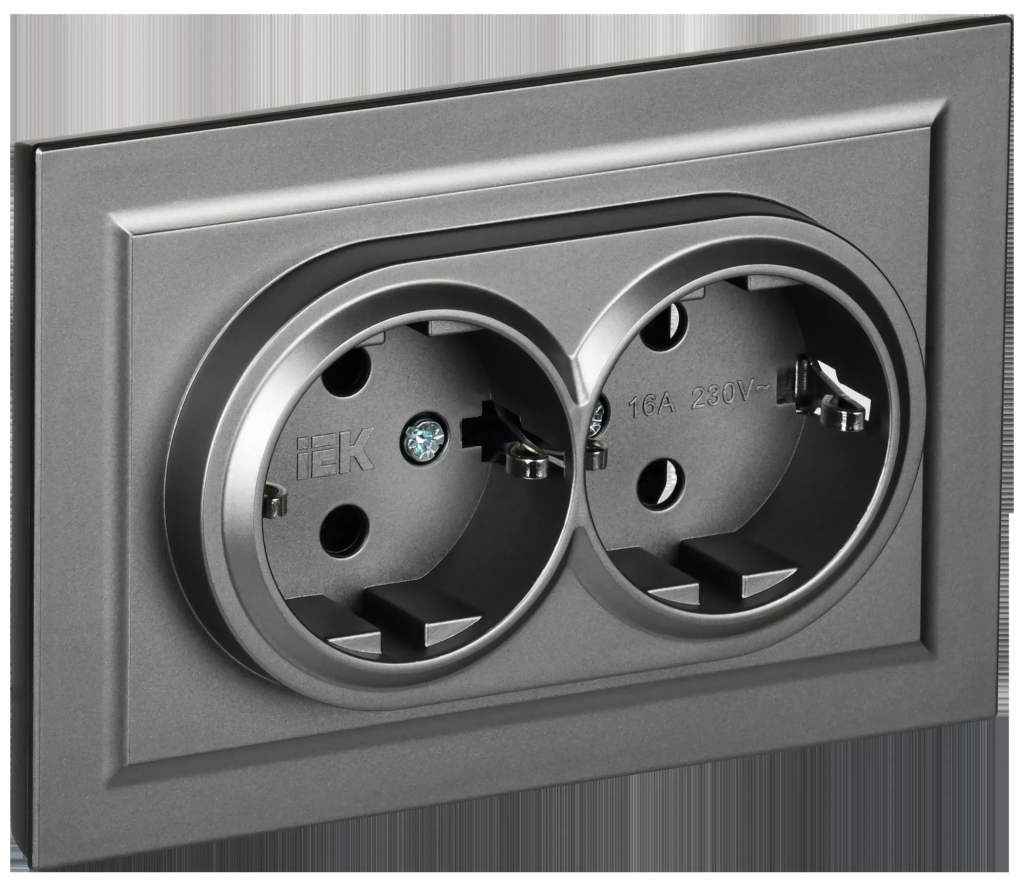 BRITE Розетка двойная с заземлением с защитными шторками 16А в сборе РСш12-3-БрС сталь IEK BR-R24-16-K46-F