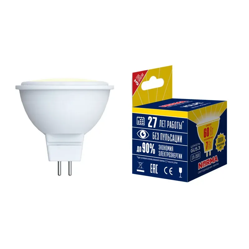 Лампа светодиодная LED-JCDR-10W/WW/GU5.3/NR Форма JCDR, матовая.  Norma. Теплый (3000K). Uniel UL-00003843