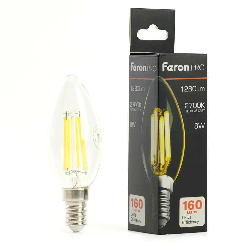 Лампа светодиодная LED 8вт Е14 теплый свеча FILAMENT Feron.PRO