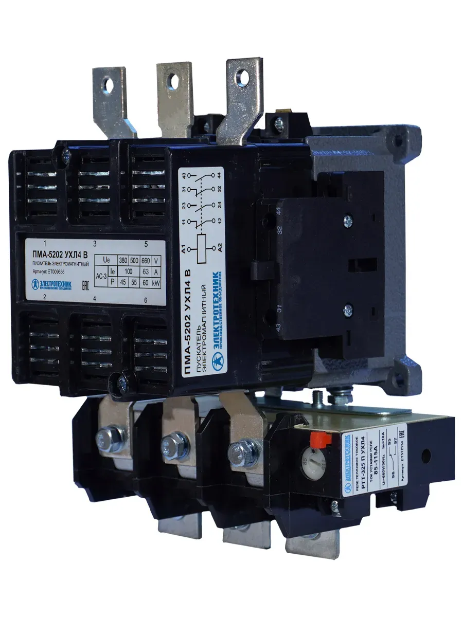 Пускатель электромагнитный ПМА-5202 УХЛ4 В, 220В, 2з+2р, 100А, нереверсивный, с реле РТТ-325 85-115А, IP00 Электротехник ET009636