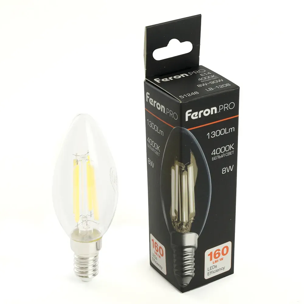 Лампа светодиодная led 8вт е14 белый свеча filament feron.pro STEKKER 51248