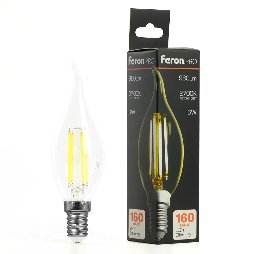 Лампа светодиодная LED 6вт Е14 теплый свеча на ветру FILAMENT Feron.PRO