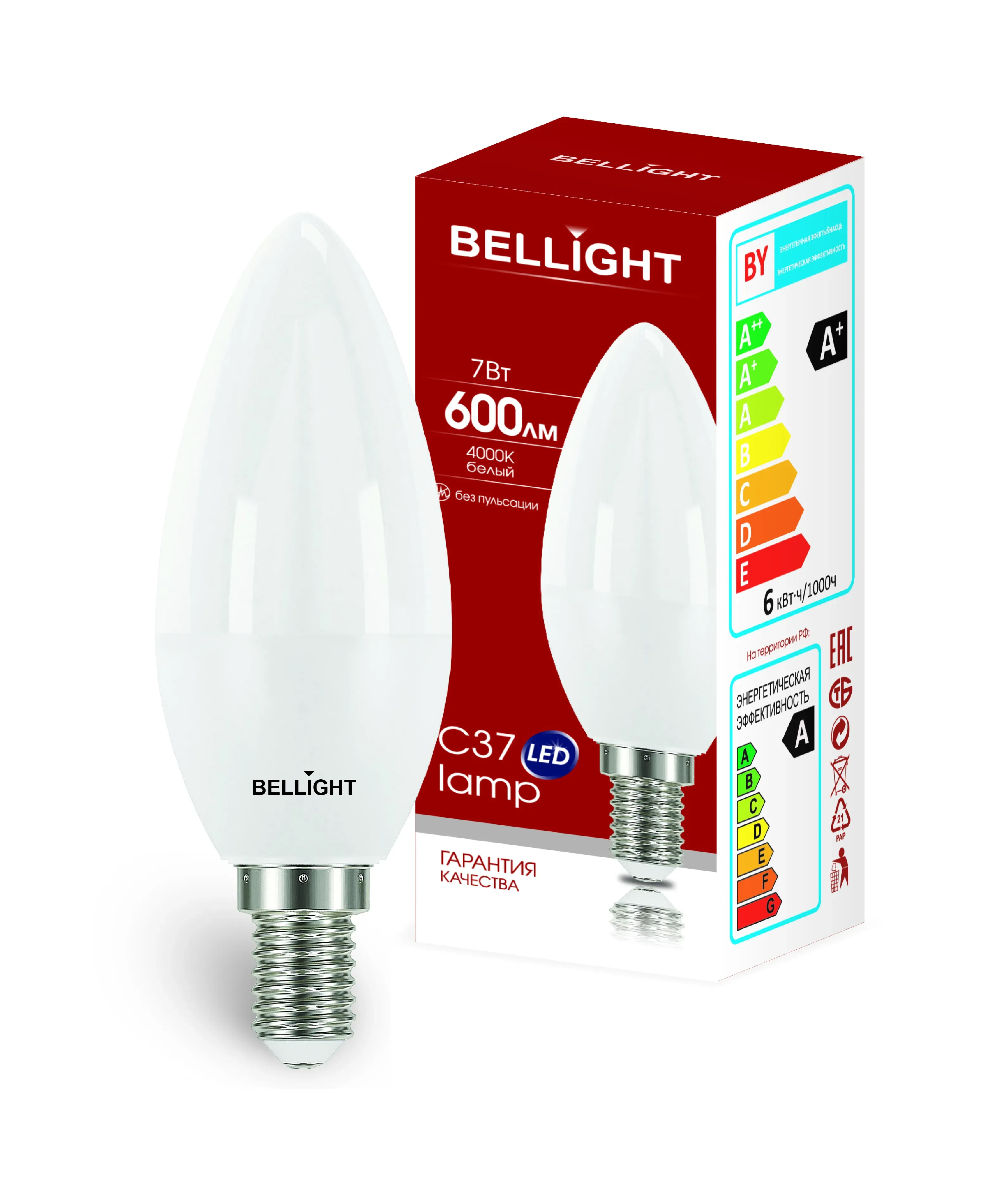 Лампа светодиодная led 7вт 4000k 600лм e14 свеча bellight BELLIGHT 88297882