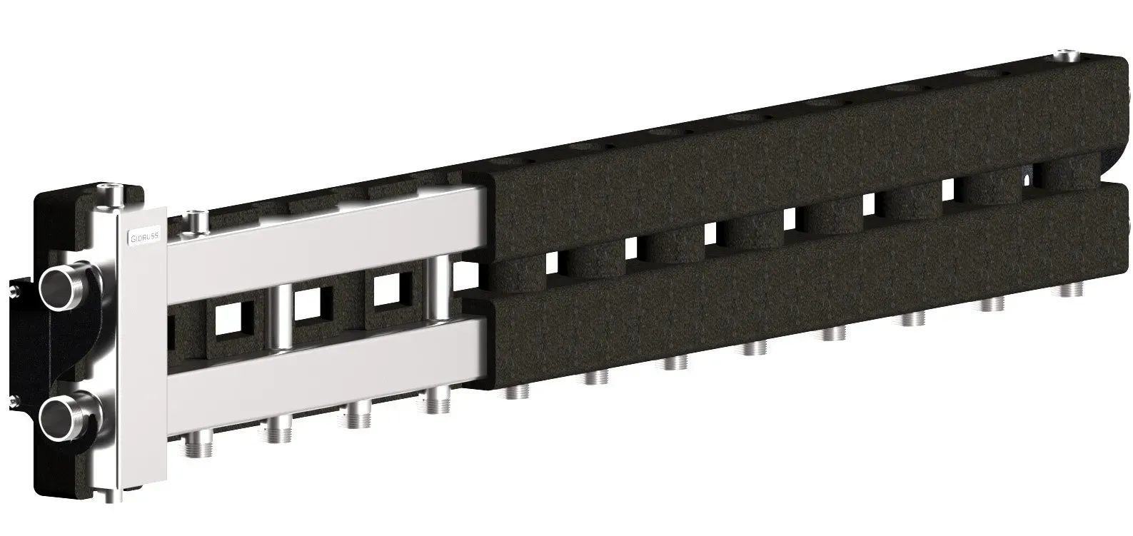 Коллектор с гидрострелкой BMSS-80-7D.EPP на 6 контуров G 1', 1 боковой контур G 1 1/4' с термоизоляцией, до 80 кВт, зеркально-матовая полировка, нерж сталь Gidruss BM 80A8T 23