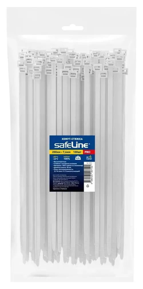 Хомут-стяжка кабельная нейлоновая safeline 7,6x200-w-100, белая (100 шт.) РОСЭЛ 24840