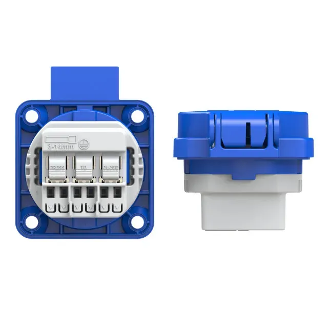 Розетка встраиваемая 16А/250V/2P+E/IP54 50x50 подключение сзади синяя безвинтовые клеммы Alpenbox 00-00002587