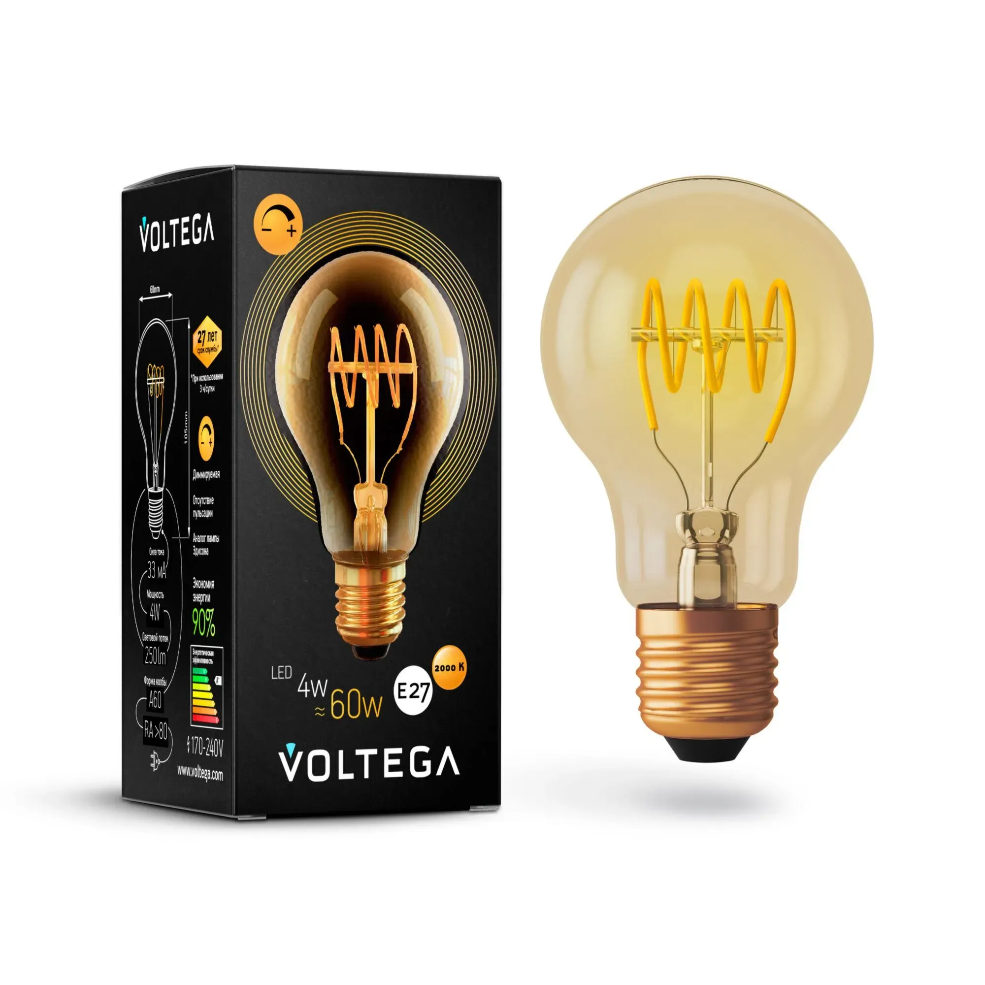 Лампа светодиодная loft led  a60 4w 2800k e27 dim (7078) VOLTEGA VG10-A60GE27WARM4W-FB