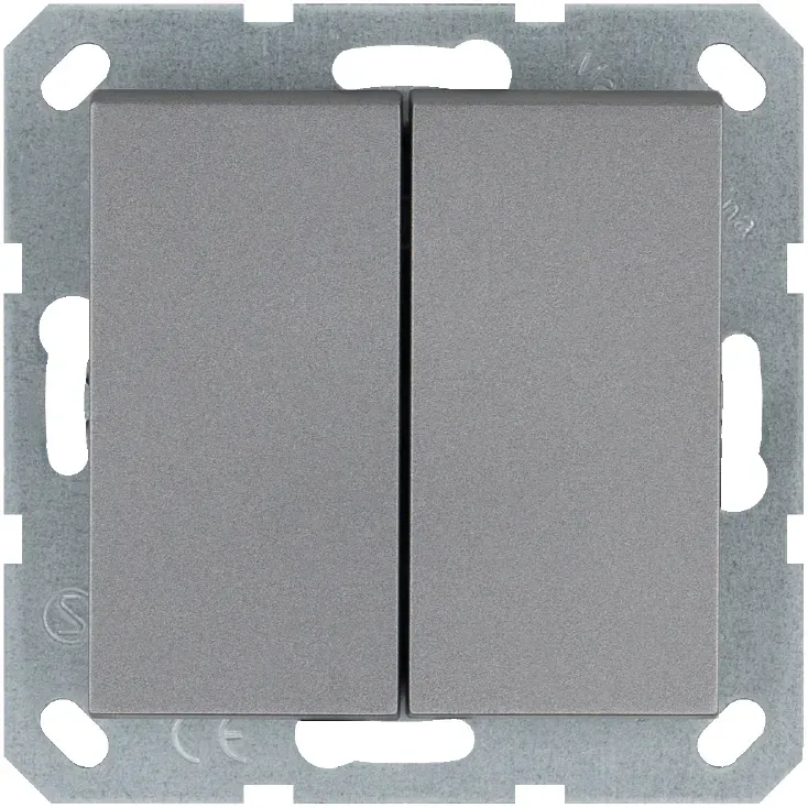 Выключатель двухклавишный проходной 10A 250V~ с накладкой, цвет Алюминий Jasmart G3022S