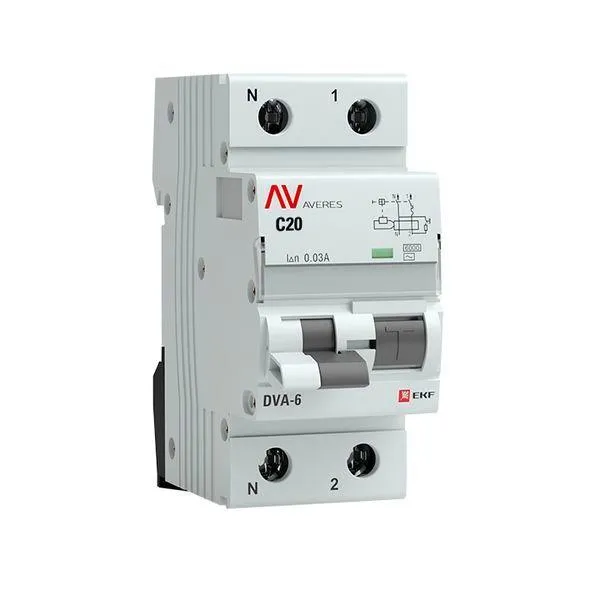Автомат дифференциальный dva-6 1p+n 20а (c) 30ма (ac) 6ка averes EKF RCBO6-1PN-20C-30-AC-AV