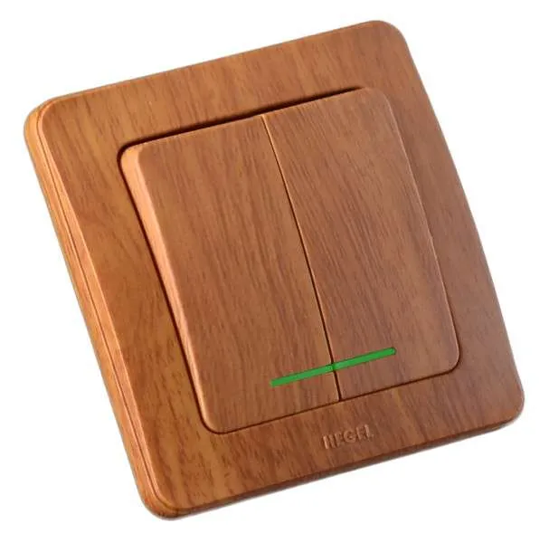 Выключатель двухклавишный скрытый с индикацией дуб 16А HEGEL ВС16-352-05