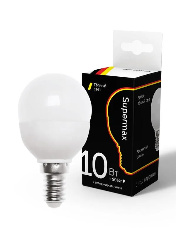 Лампа светодиодная led 10вт шар 220в е14 3000к теплый 800 лм КОСМОС SUP_LED10WGL45E1430