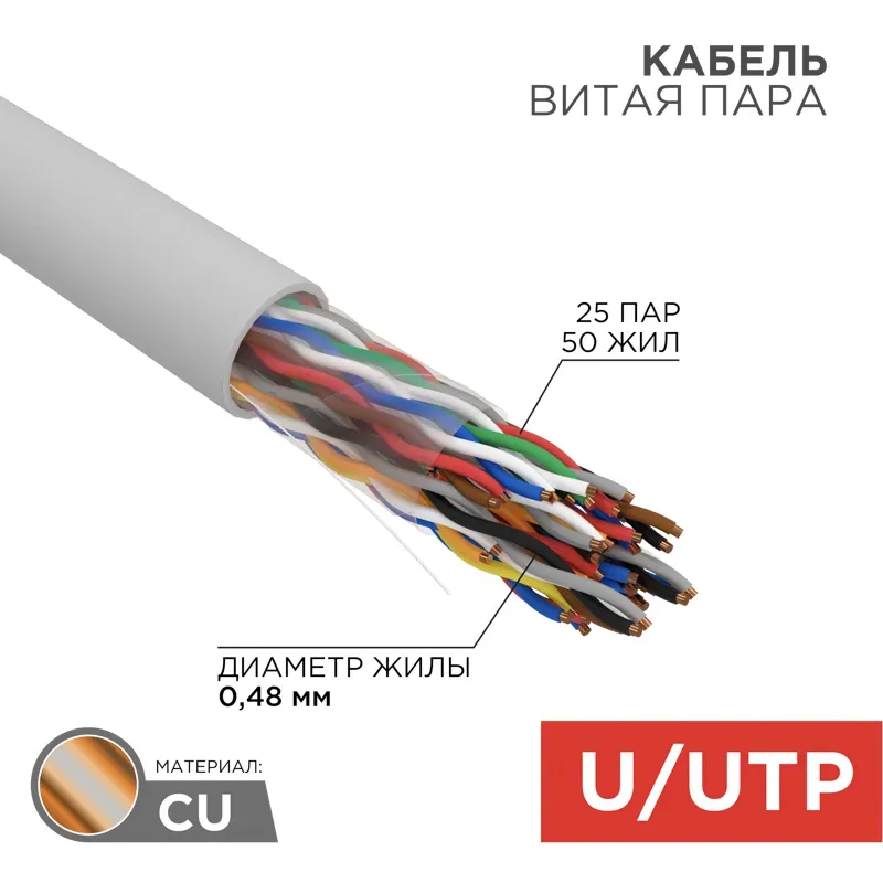 Витая пара  U/UTP CAT 5е ZH нг(А)-HF (LSZH) 25PR 24AWG INDOOR SOLID серый 305м