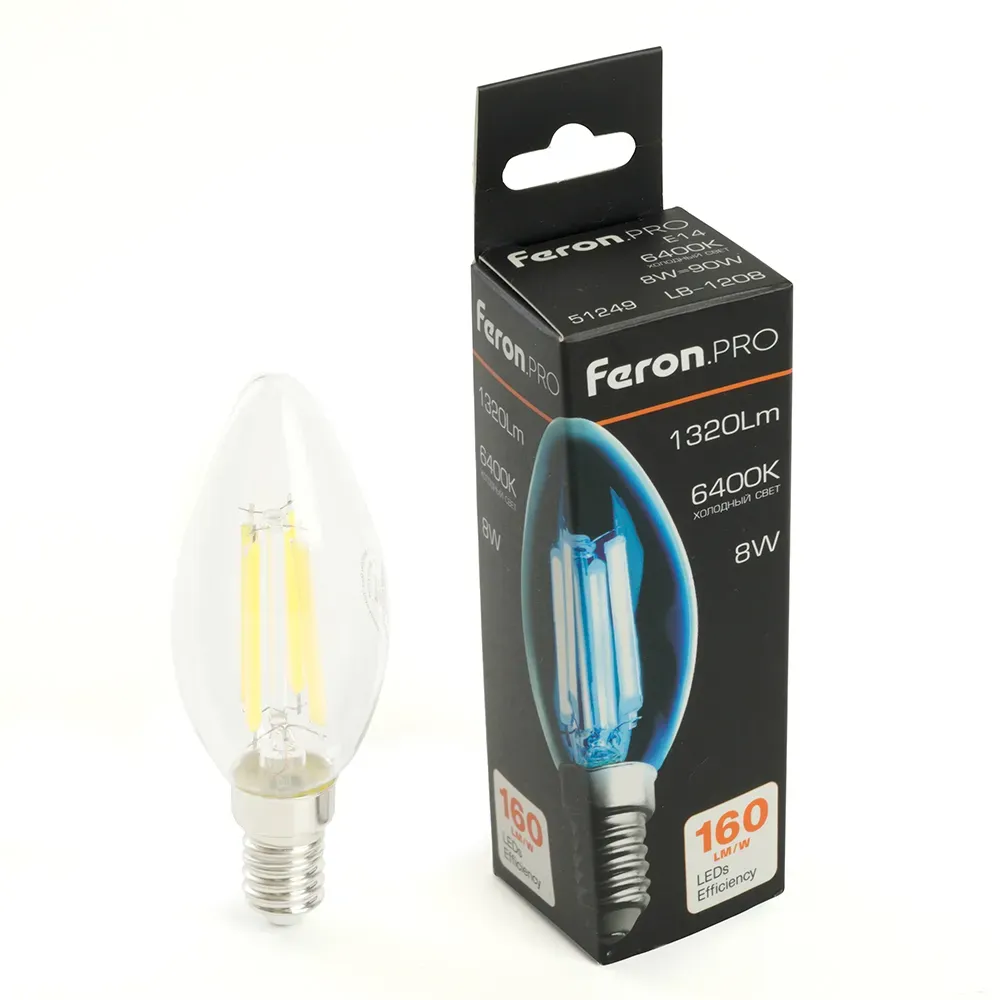 Лампа светодиодная led 8вт е14 дневной свеча filament feron.pro STEKKER 51249