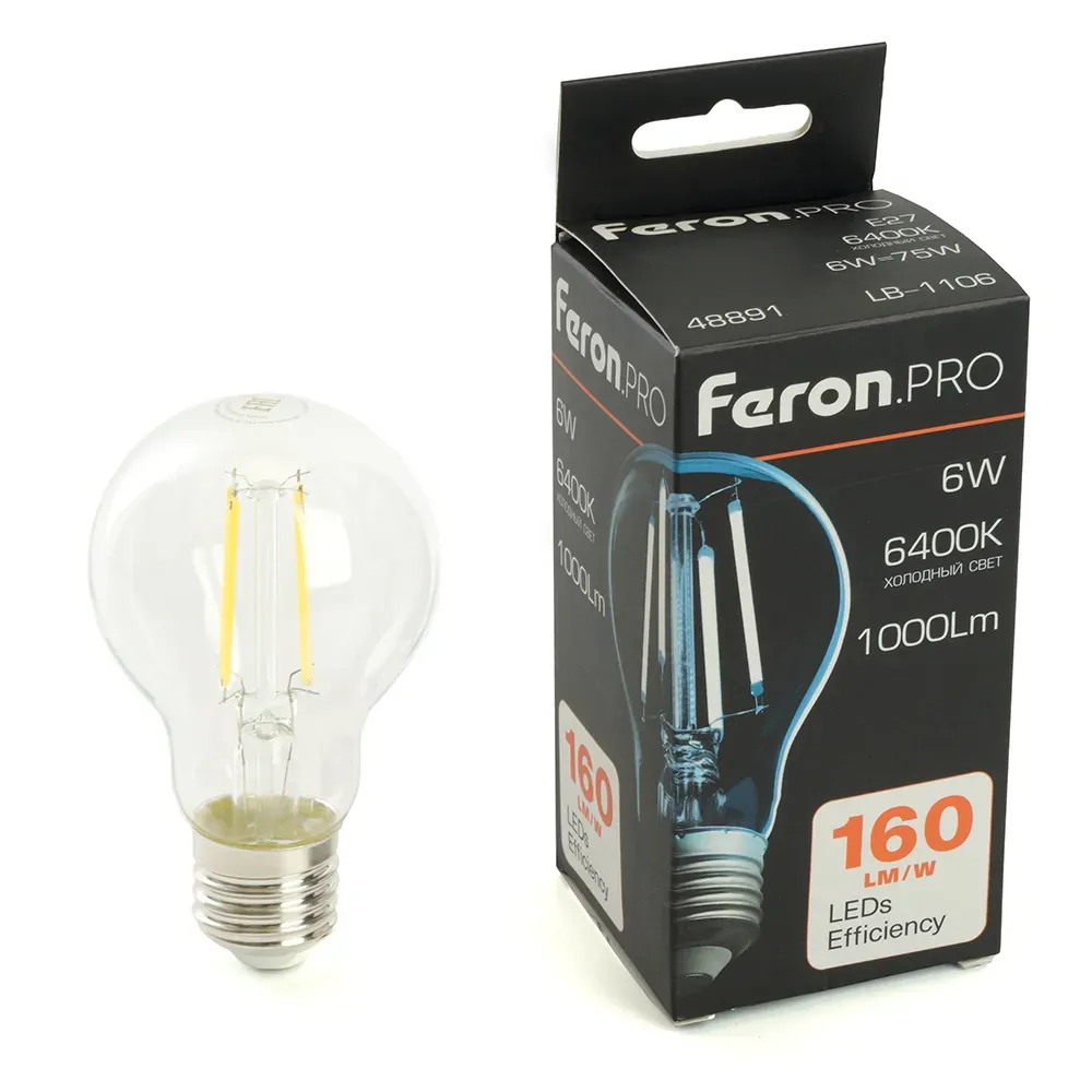 Лампа светодиодная led 6вт е27 дневной filament feron.pro STEKKER 48891