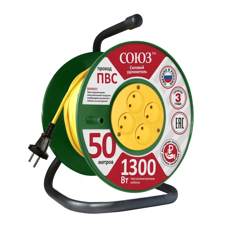 Удлинитель ТМ Союз силовой на катушке с 4 гнезда 1300 Вт 50м Универсал 481S-3105