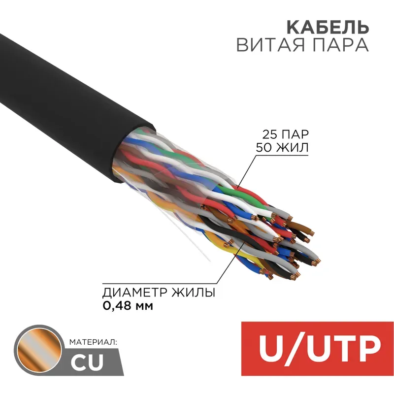 Витая пара U/UTP CAT5е PE 25PR 24AWG OUTDOOR SOLID черный 305м РФ