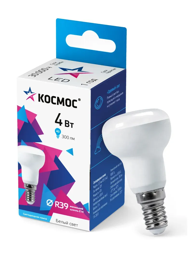 Светодиодная лампа led 4вт r39 220в е14 4500к белый 300 лм, космос КОСМОС LKSM_LED4WR39E1445