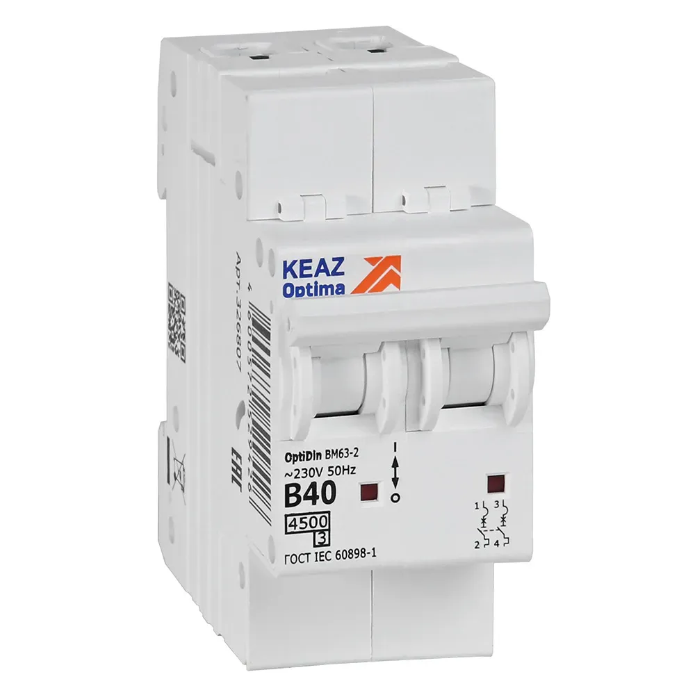 Выключатель автоматический двухполюсный 40а b 4,5ка ac optidin bm63-2b40-4,5-ухл3 КЭАЗ 329514