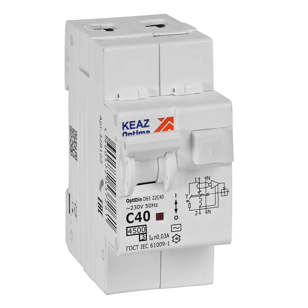 Выключатель автоматический дифференциального тока авдт с защитой от сверхтоков 2п 40а 30ма ac 4,5ка optidin d63-22c40-ac-у3 КЭАЗ 328102