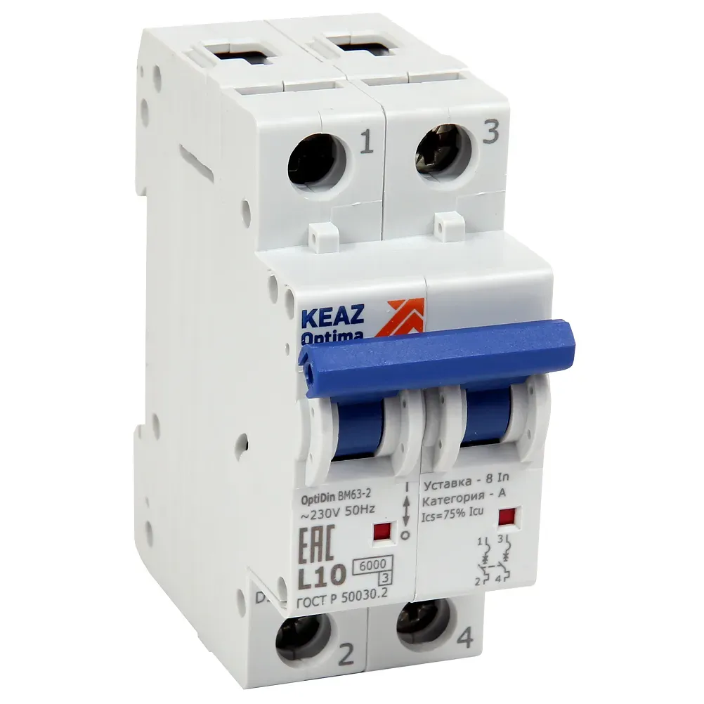 Выключатель автоматический двухполюсный 2а n 6ка ac optidin bm63-2nl2-ухл3 КЭАЗ 260731