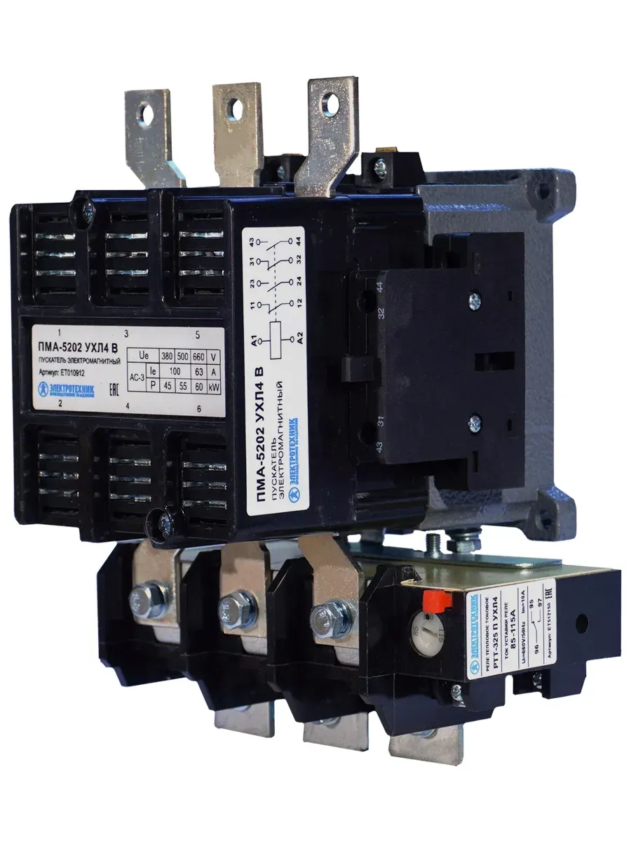 Пускатель электромагнитный ПМА-5202 УХЛ4 В, 380В, 2з+2р, 100А, нереверсивный, с реле РТТ-325 85-115А, IP00 Электротехник ET010912