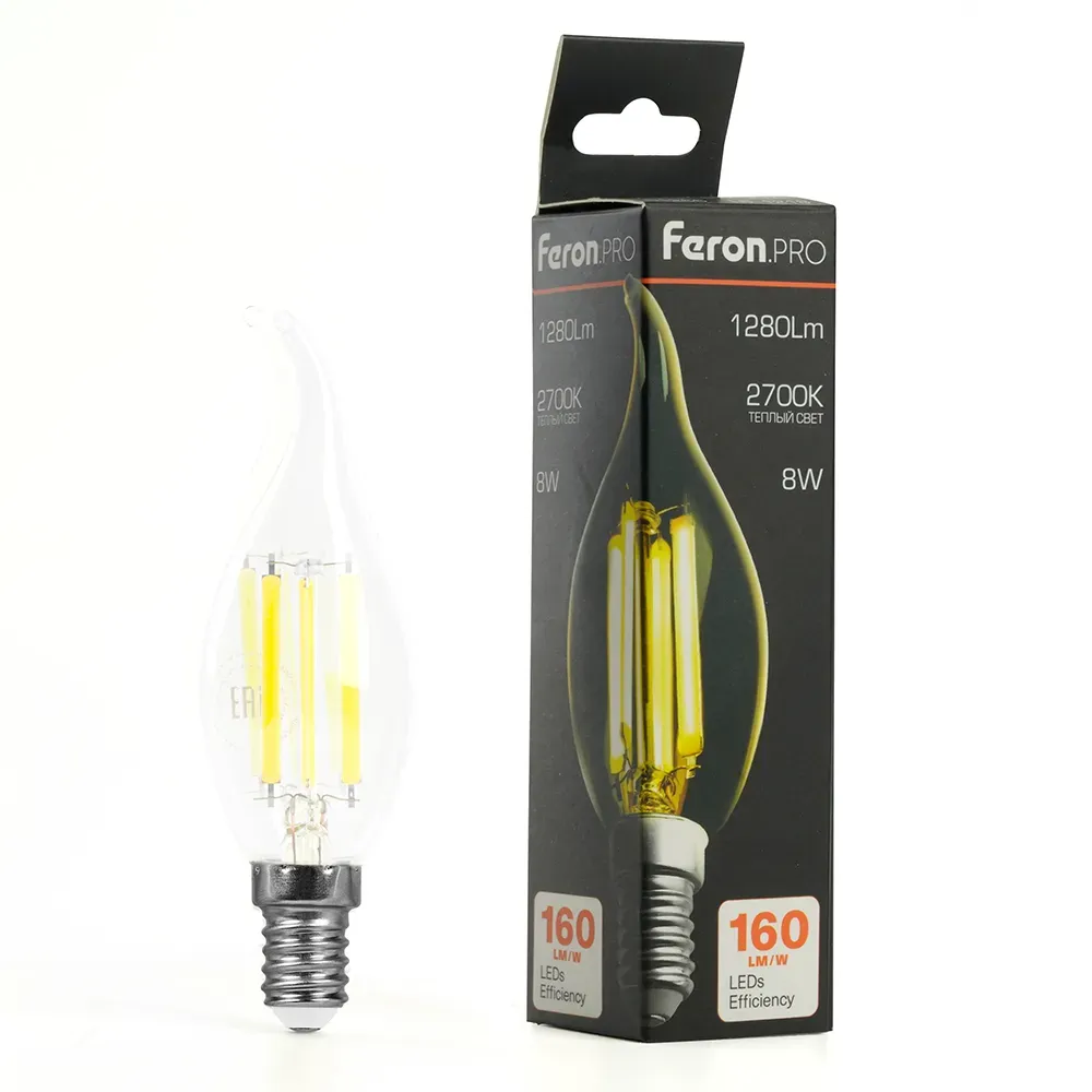 Лампа светодиодная LED 8вт Е14 теплый свеча на ветру FILAMENT Feron.PRO