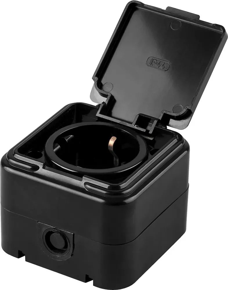 Розетка одноместная с/з, 250В, 16А, IP44, пластик АВS, черная, FERON 32741