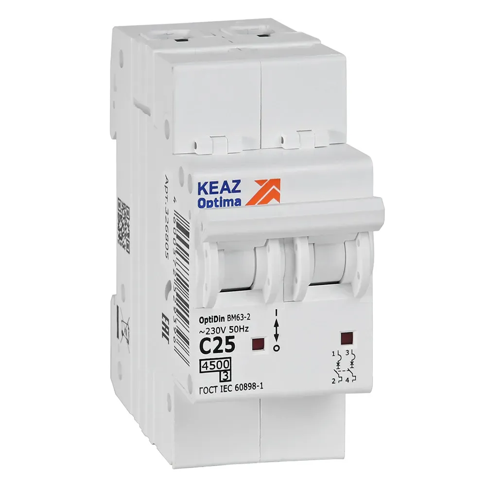 Выключатель автоматический двухполюсный 25а c 4,5ка ac optidin bm63-2c25-4,5-ухл3 КЭАЗ 326805