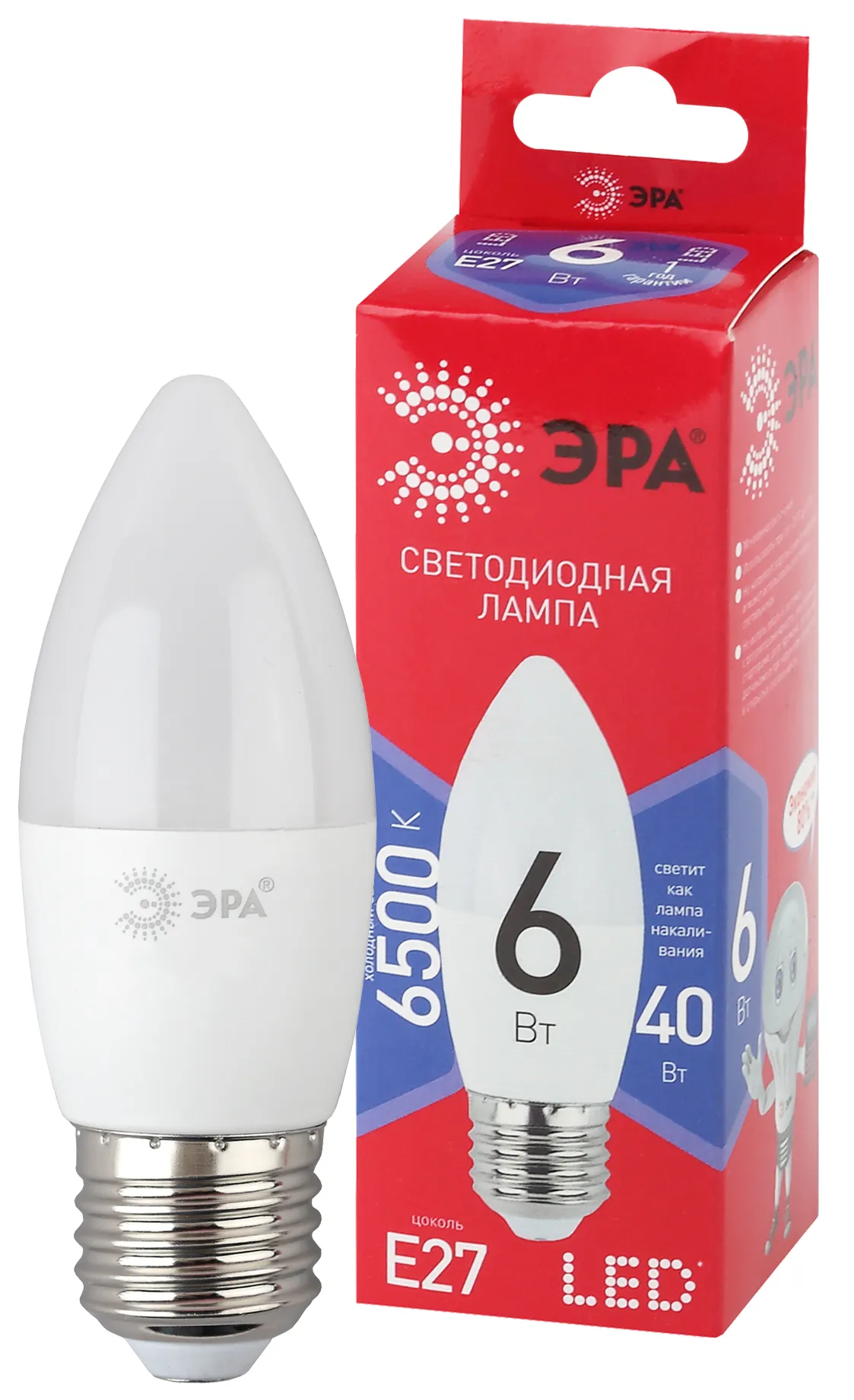Лампа светодиодная led b35-6w-865-e27 r (диод, свеча, 6вт, хол, e27) (10/100/3500) ЭРА Б0045340
