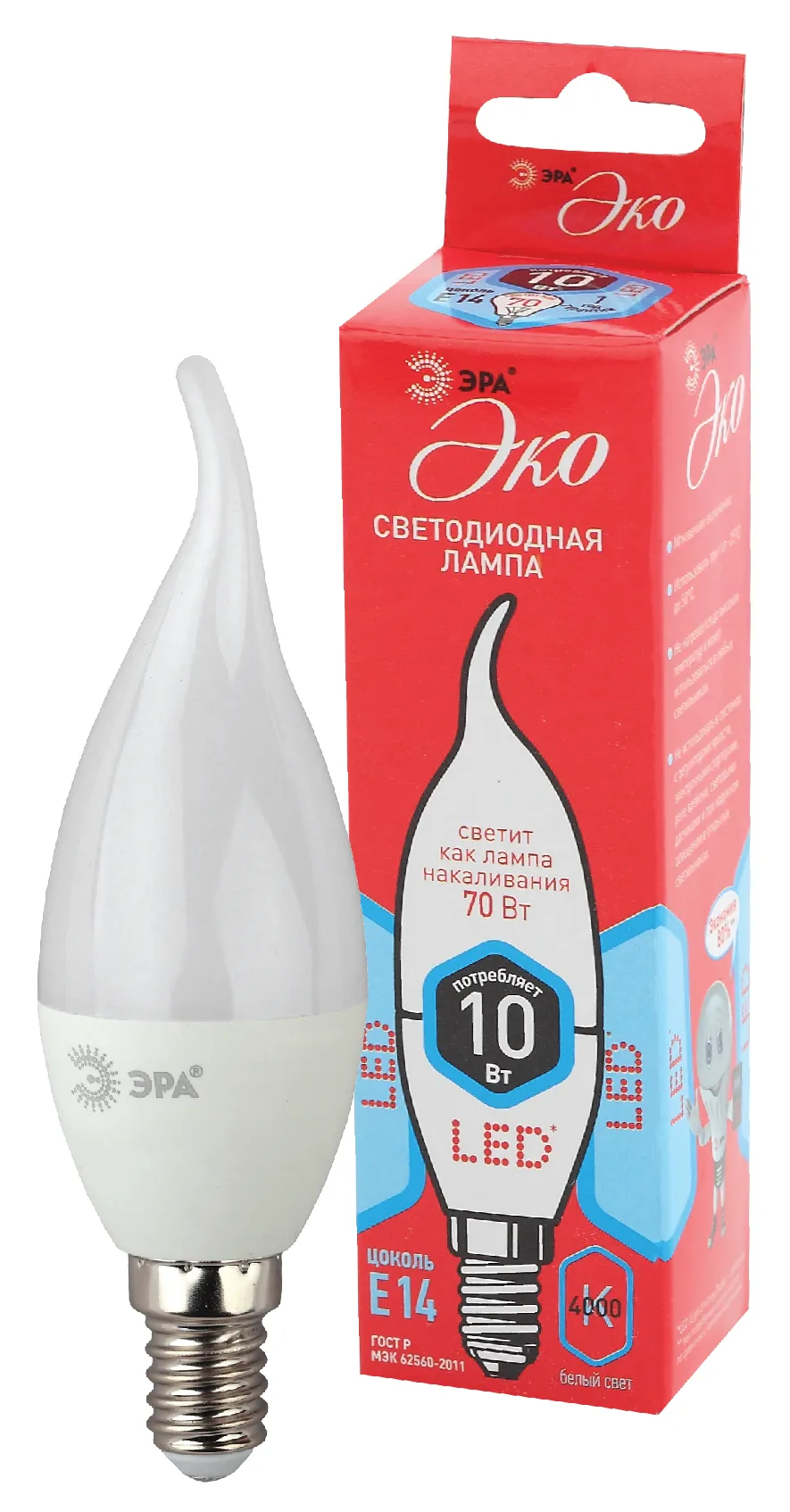 Лампа светодиодная eco led bxs-10w-840-e14 (диод, свеча на ветру, 10вт, нейтр, e14 (10/100/2800) ЭРА Б0040886